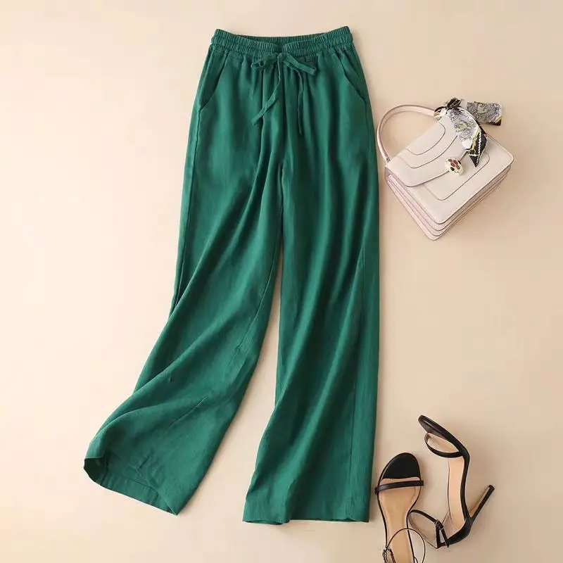 Casual Pants Women Summer Loose Cotton Linen Wide Leg Pants New 2020 Korean Style Solid Color Trousers Woman P925