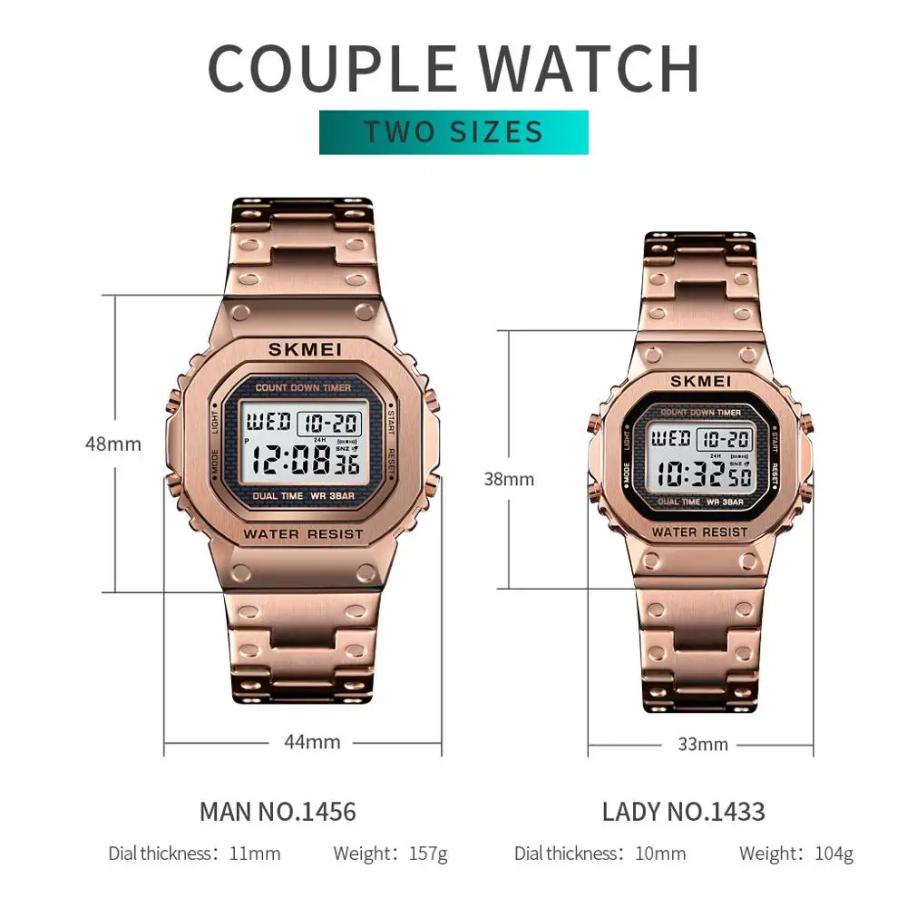 SKMEI – montre de luxe pour amoureux du numérique, en acier inoxydable, étanche, horloge de sport, électronique, Couple, pour hommes et femmes