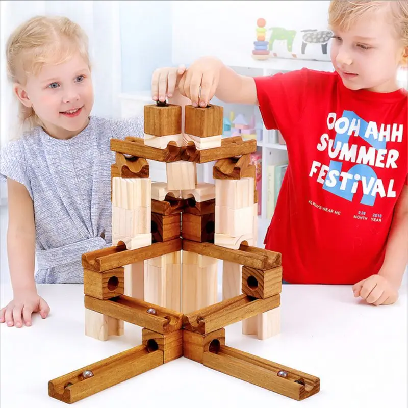 Blocs de construction à assembler sur piste de marbre en bois, Puzzle boule labyrinthe, jouets éducatifs pour enfants, cadeau pour enfants, 60 pièces