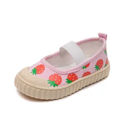 2023 Autumn Children's Shoes New Girls Korean Cartoon Print Cute Casual Canvas Shoes Flats Strawberry Student Shoes 21-32 Hot