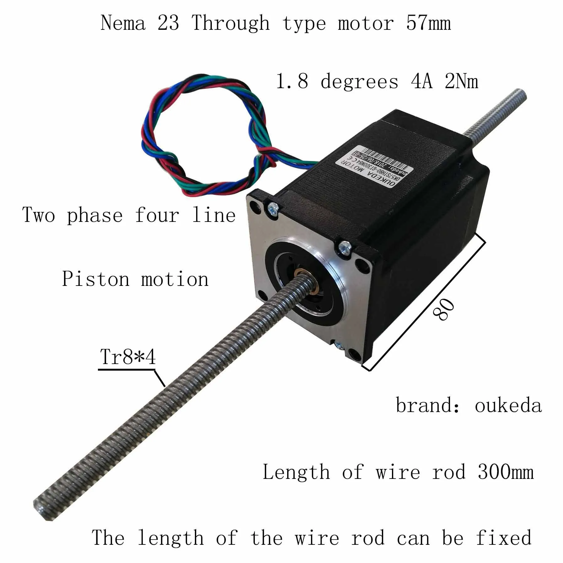 Straight-through screw motor Nema23 57BYG80 4.2A 2N.m 57 perforated tape Tr8 * 4 (P2) * 300mm shaft linear stepper motor