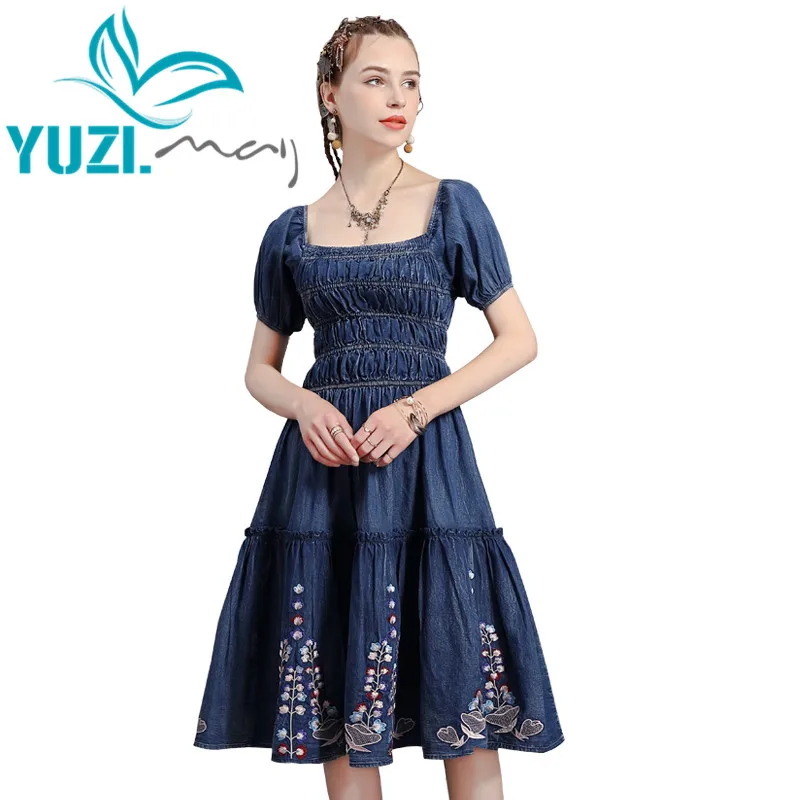 

Summer Dress 2020 Yuzi.may Boho New Denim Women Dresses Square Collar Short Sleeve Vintage Embroidery Elastic Vestidos A82237