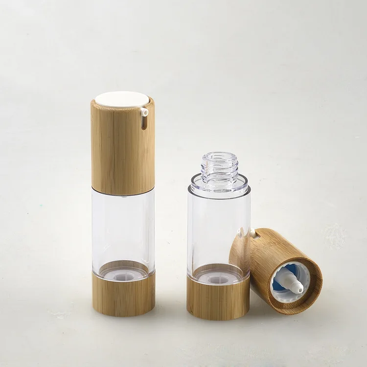 

CBD cream Bamboo Cosmetic Packaging Airless Pump Bottle Plastic Bamboo Cap Clear Body Cosmetic Bottles For Facial Cream 30ml 1oz