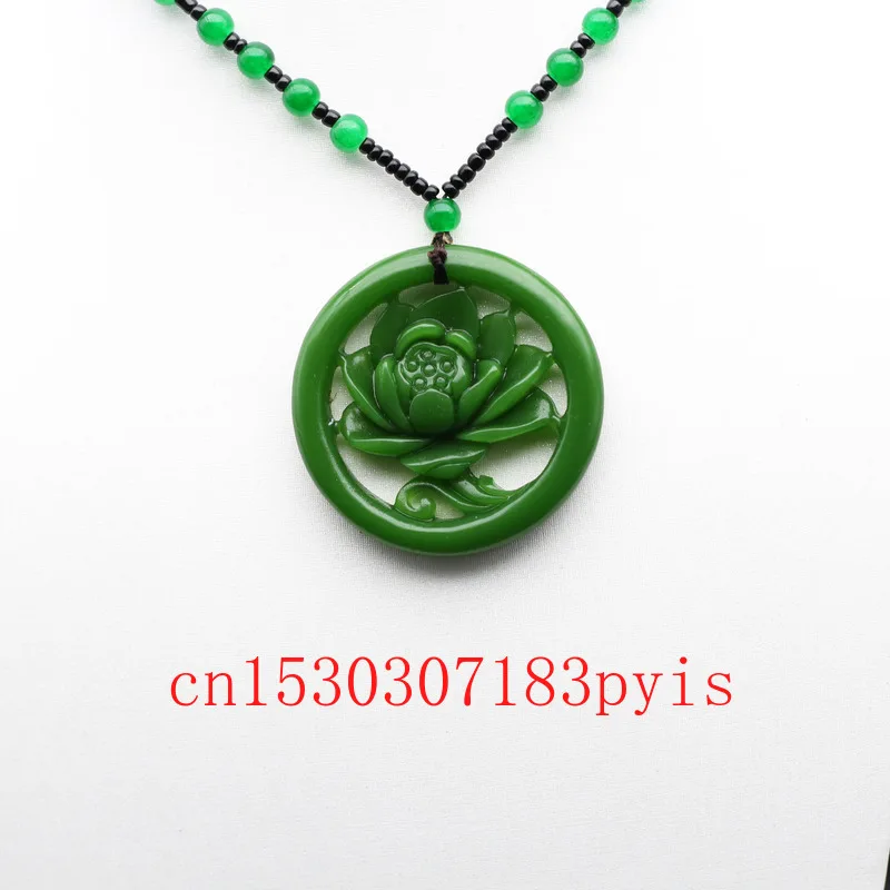 Natural Green Jade Flower Pendant Necklace Chinese Double-sided Hollow Carved Charm Jewelry Fashion Amulet for Men Women Gifts