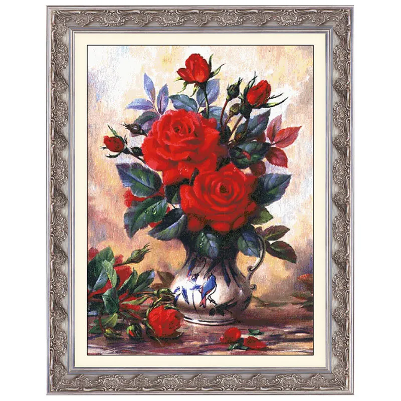 

European Style Living Room Hand Embroidery Decoration Fishxx Cross Stitch Kit Williams WL6 Red Rose Vase