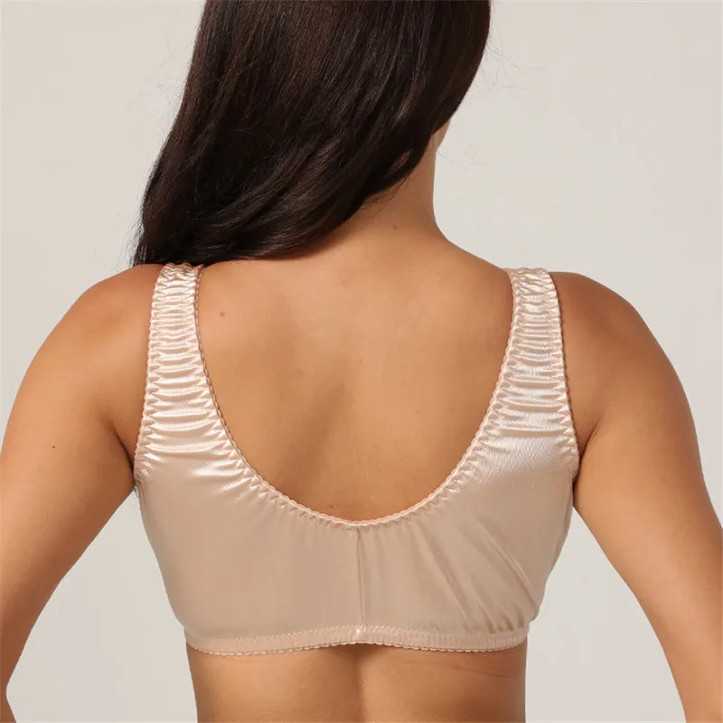 Women Full Coverage Bra Plus Size Comfort And Support Satin Bra Imitated Silk No Padded Wireless Front Closure Vest Underwear