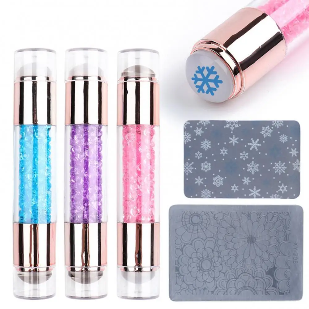 Double Sided Nail Stamper Stamping Plate Set Jelly Silicone Stamper Crystal Handle Nail Art Stamp Image Stencil Tools