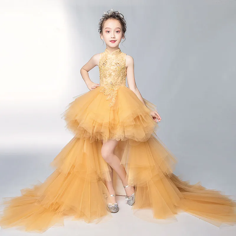 

Elegant Girl Dress Long Trailing Flower Girl Dresses Kids Wedding Party Wear Frocks Teenagers Beading Embroidery Prom Gowns