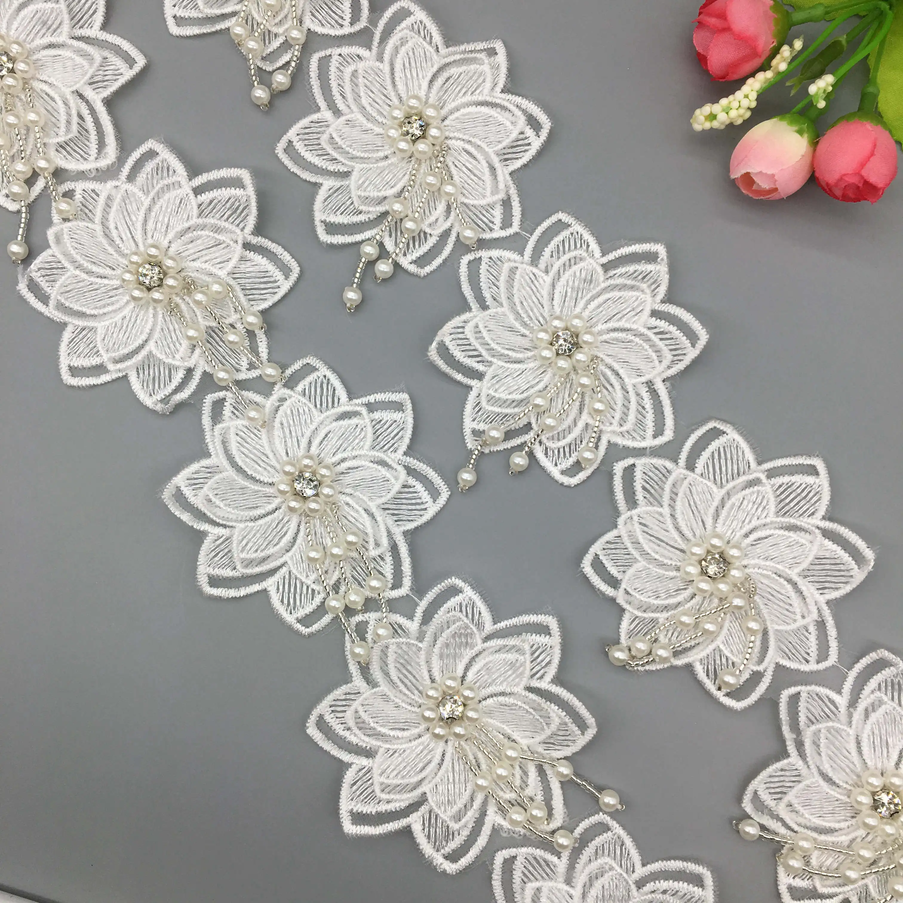 10pcs White Pearl Rose Flower Embroidered Lace Trim Ribbon Fabric Sewing Craft For Costume Wedding Dress Decor 7.5CM