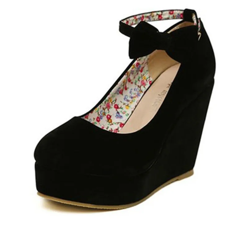 Dwayne Women High Heels Shoes Plus Size Platform Wedges Female Pumps Elegant Flock Buckle Bowtie Ankle Strap Party Wedding Shoes