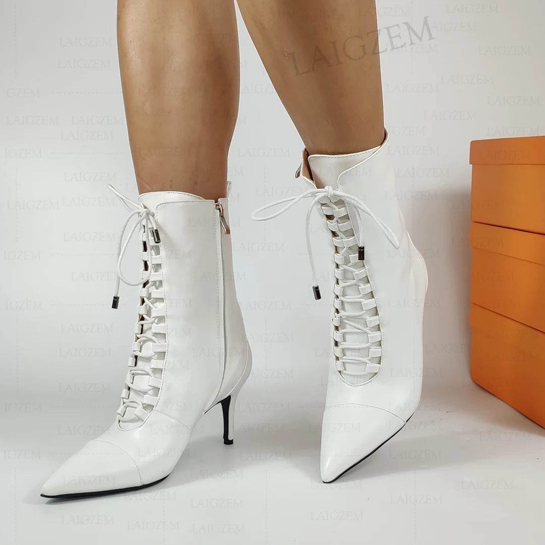 

LAIGZEM Женские ботинки с острым носком и боковой молнией на среднем каблуке Ботильоны Женская обувь из искусственной кожи Женская обувь Большой размер 41 43 45 47