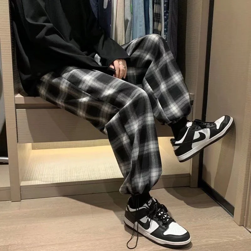 Calças de xadrez masculinas moda retro cor contraste casual calças masculinas streetwear solto hip-hop calças retas dos homens M-3XL