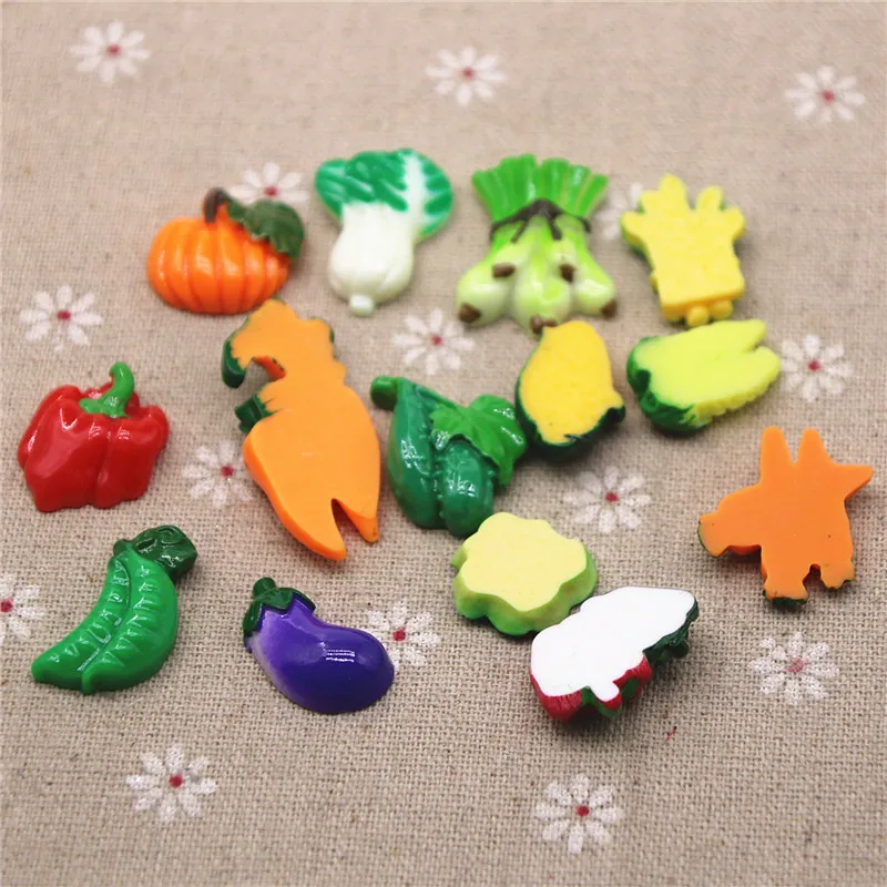 10pcs Resin Vegetables Eggplant Peas Carrots Corn Cabbage Flat Back Cabochon Art Decoration Charm Craft DIY Hair bow Center