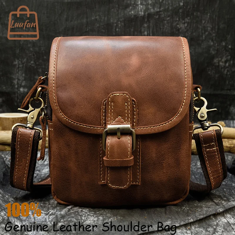 

Luufan Men's Shoulder Bag Crazy Horse Leather Casual Retro Party Phone Wallet Daily Brown Small Mini Shoulder Bag Durable