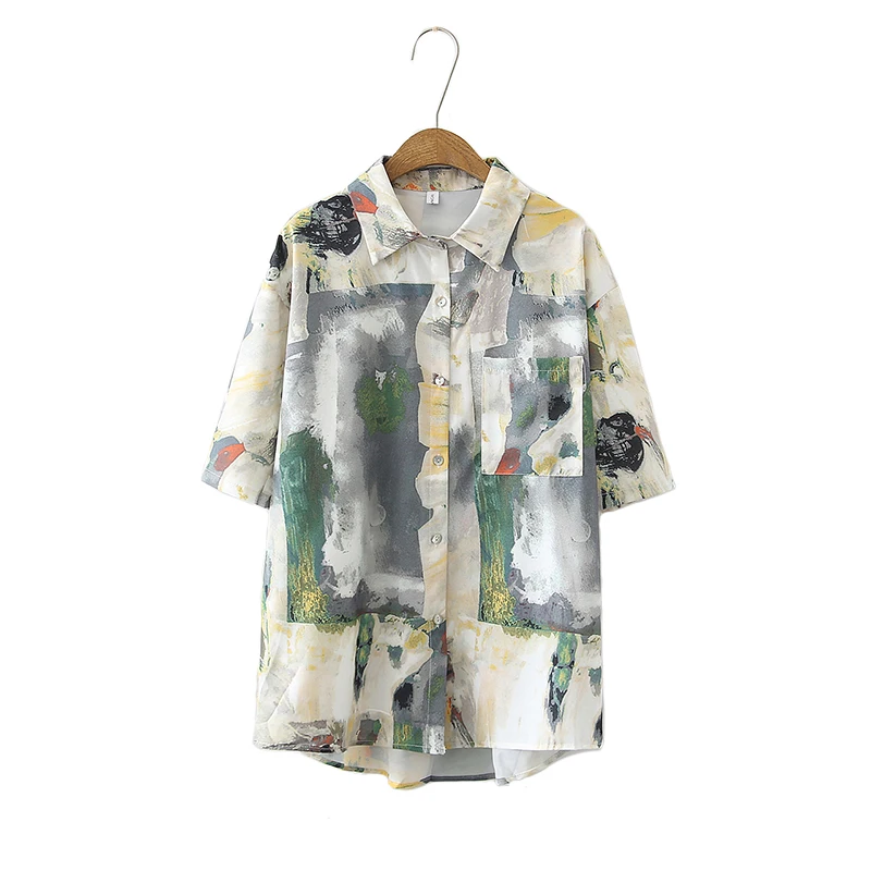 2021 Summer Woman Loose Dream Ink Painting Printing Short-Sleeves Blouse Shirt