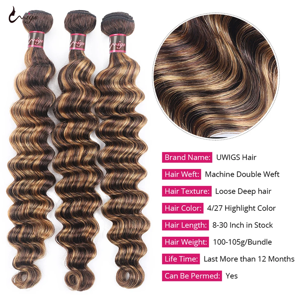 Highlight Loose Deep Wave Bundles with Closure Brown Human Hair Bundles with Closure Ombre Honey Blonde Bundles with Closure