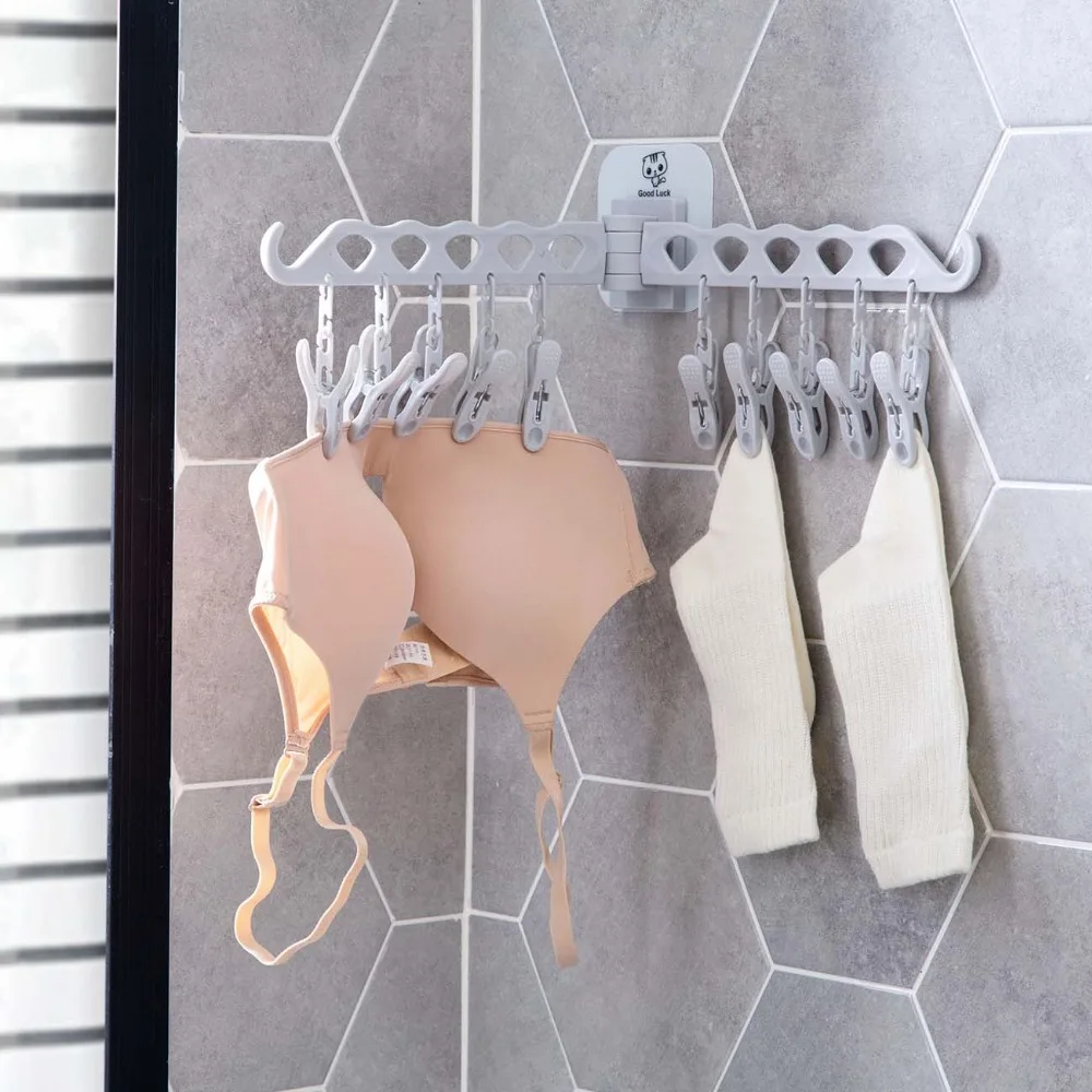 Bathroom 10 Clips Foldable Clothes Rack Hanger Laundry Folding Wall Underware Clothespin Mount Drying  Holder for Bra Socks