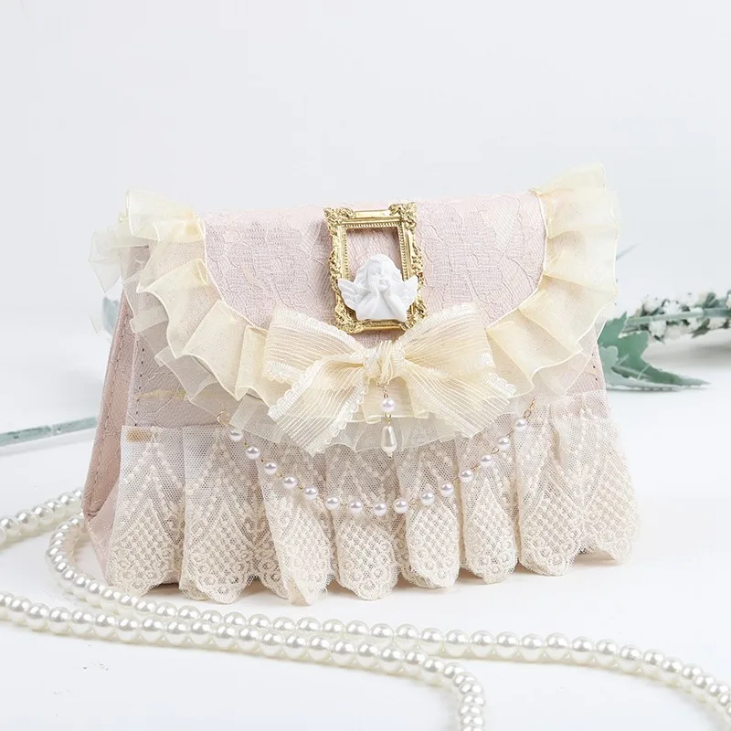 Lolita Bag Lace Pearl Retro Elegant Angel Pearl Chain Lolita Single Shoulder Messenger Bag Female Cosplay Lolita Loli Bag