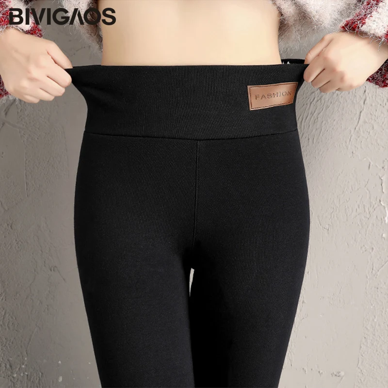 BIVIGAOS – Leggings chauds en cachemire pour femme, pantalon d\'hiver en velours épais, taille haute, étiquette à la mode, noir