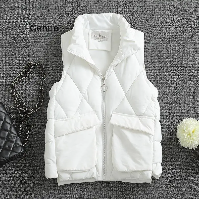 

Winter Vest Big Pockets Women Zipper Stand Collar Solid Ladies Casual Sleeveless Jackets 2021 Fashion Waistcoat for Female