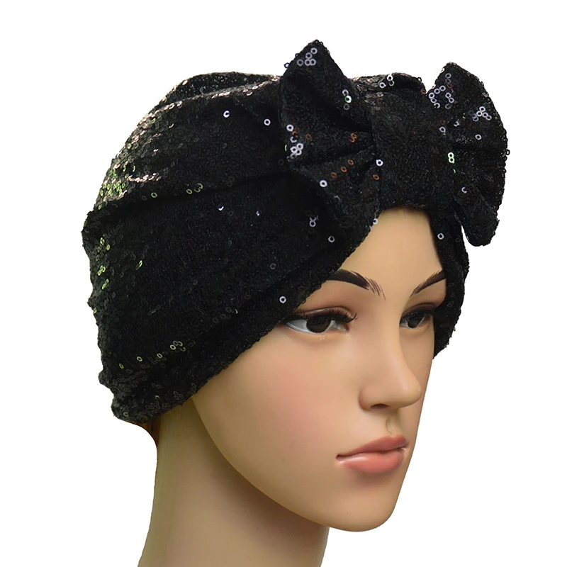 Turban en coton à paillettes pour femmes musulmanes, bonnet, nœud papillon, hijab, chapeau de sauna, bonnets de chimio ronds, nœuds, accessoires de