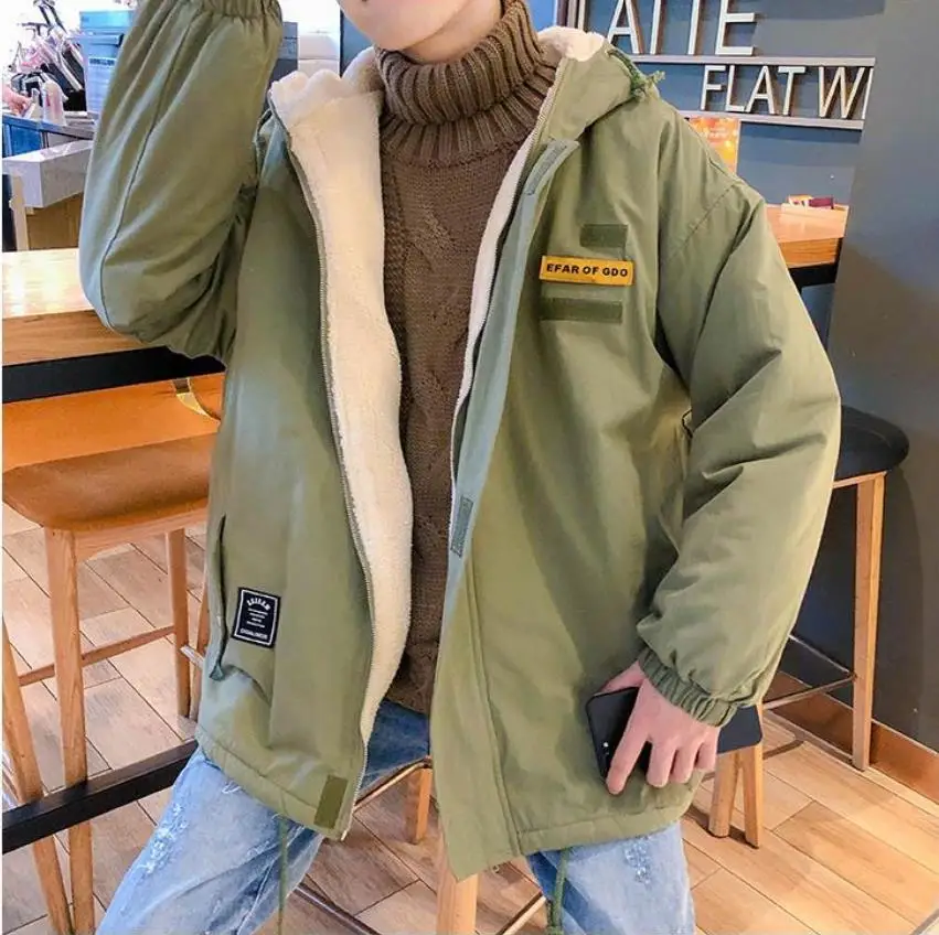 Imitação de lã de cordeiro casaco masculino e feminino no inverno mais veludo espessamento maré marca casaco de algodão versão outerwear inverno