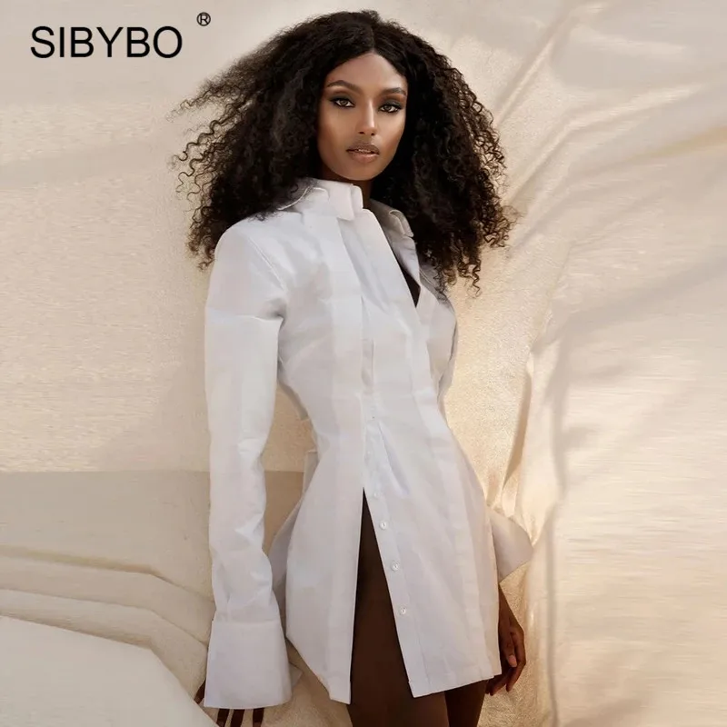 Sibybo White Turn-down Collar Shirt Dress Women 2021 Autumn Long Sleeve Buttons Mini Dress Femme Sexy Bodycon Party Dresses