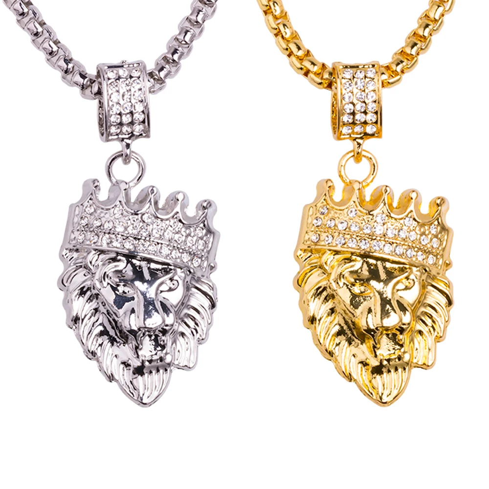 

Men Gold Color Punk Pendant Necklace Chain Charm Micro Inset Crystal Bling Zircon Lion Head Necklace Retro Hip Hop Rock Jewelry