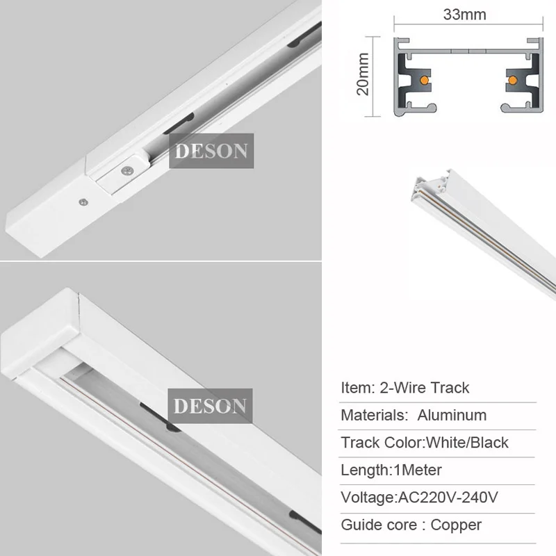 Barre Lumineuse sur Rail de 1 m, Système de Fixation, Circuit 1 Phase, 2 Fils, 220V, Blanc, Noir, 1 Mètre, 10 Pièces