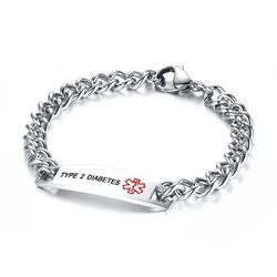 Surgical Stainless Steel Chain Medical Alert ID Bracelets Type 2 Diabetes Medical Bracelet for Women and Men