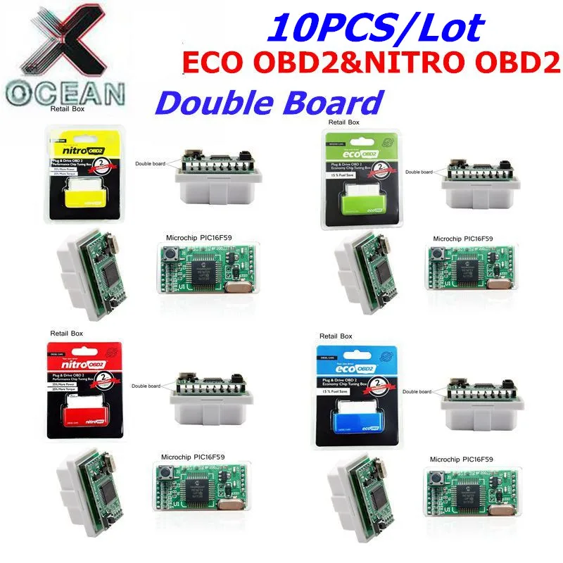 

10pcs EcoOBD2 For Benzine Cars Green&Yellow Nitro OBD2 For Diesel Cars Red & Blue ECU Chip Tuning Box Lower Fuel&Lower Emission