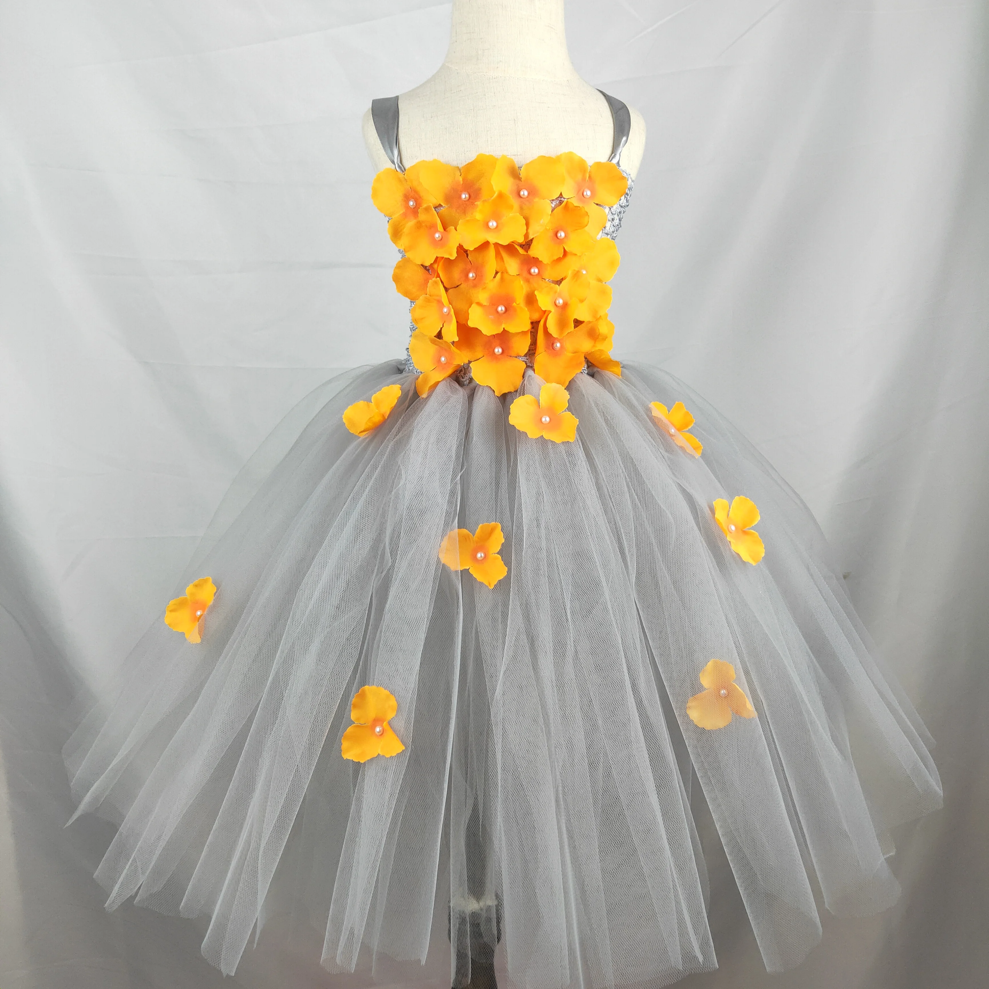 orange and Grey Flower Girl Tutu Dress Wedding Tulle Dress Girls Wedding Dresses Robe Demoiselle Rose Kids Girls Clothes Dress