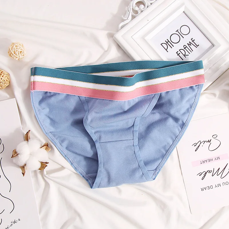 European Style Cotton Underwear Sexy Stripe Solid Color Panties Fashion Bikini Briefs Low Waist Seamless Underpants Lingerie