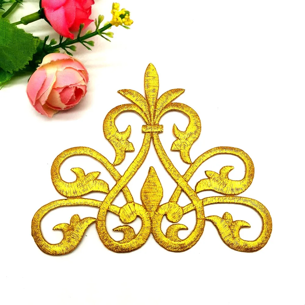 1 Piece Gold Embroidered Patches Iron On Flower Appliques For Garment Diy Trims Shiny Metallic Golden Accessories 11*9.5cm