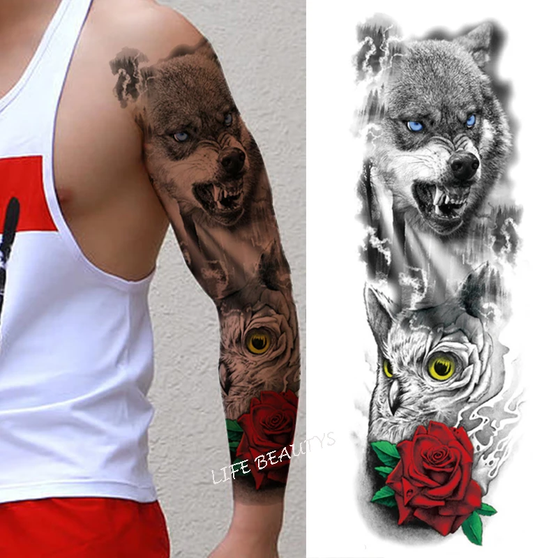 Waterdichte Tijdelijke Volledige Arm Tatoeages Mannen Vrouwen Cool Been Art Zwarte Vis Dragon Skull Mouw Grote Nep Sticker Glitter Stijl