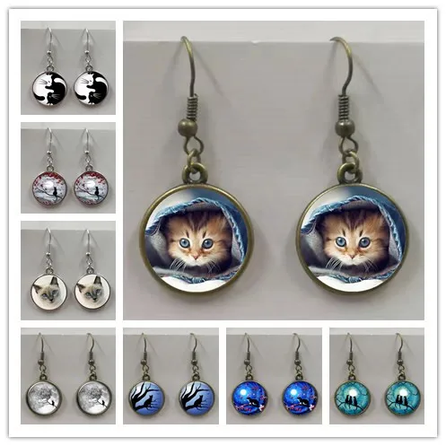 Pop/fashion blue moon branches with cat glass round pendant earrings, men\'s and women\'s earrings