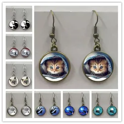 Pop/fashion blue moon branches with cat glass round pendant earrings, men's and women's earrings