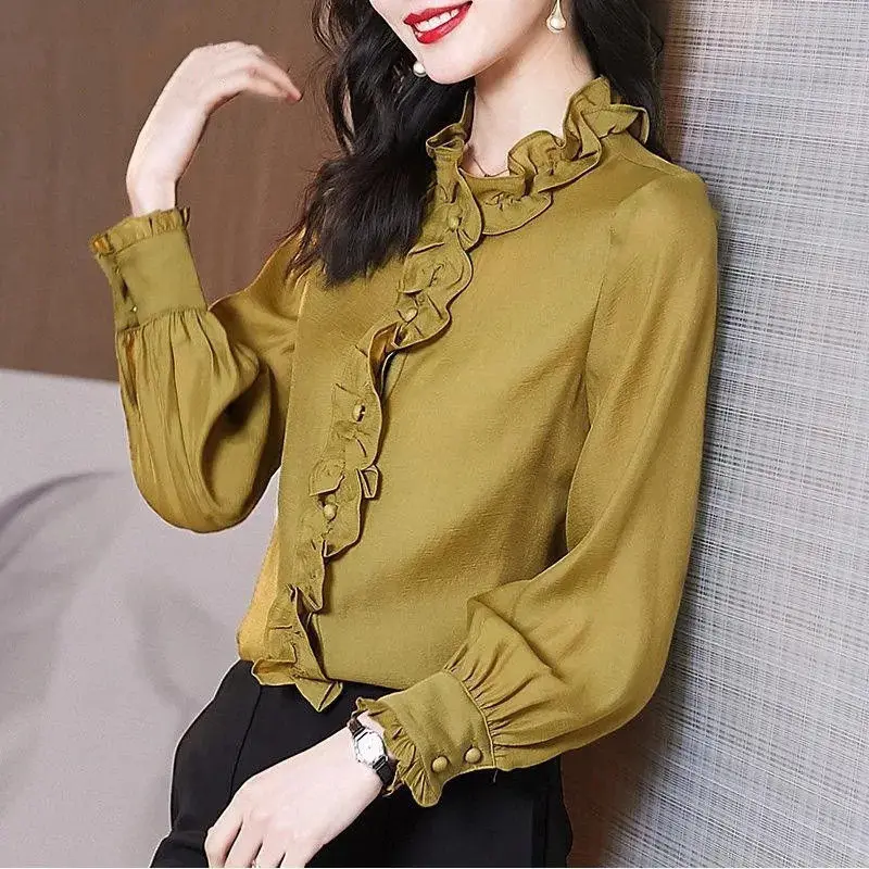 Fashion Woman Blouses 2024 Spring Autumn Long Sleeve Ruffles Shirts Office Lady Solid Color Button Casual Shirt Women\'s Clothing