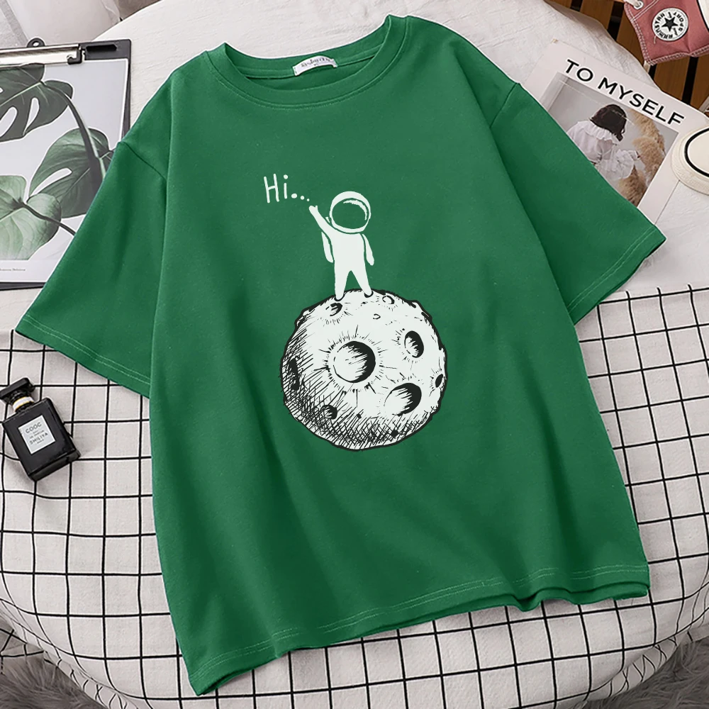 Hi Space Universe Astronaut Beautiful Printing T-Shirts Woman Round Neck Tops Fashion Cool T Shirt Short Sleeved Female T-Shirts