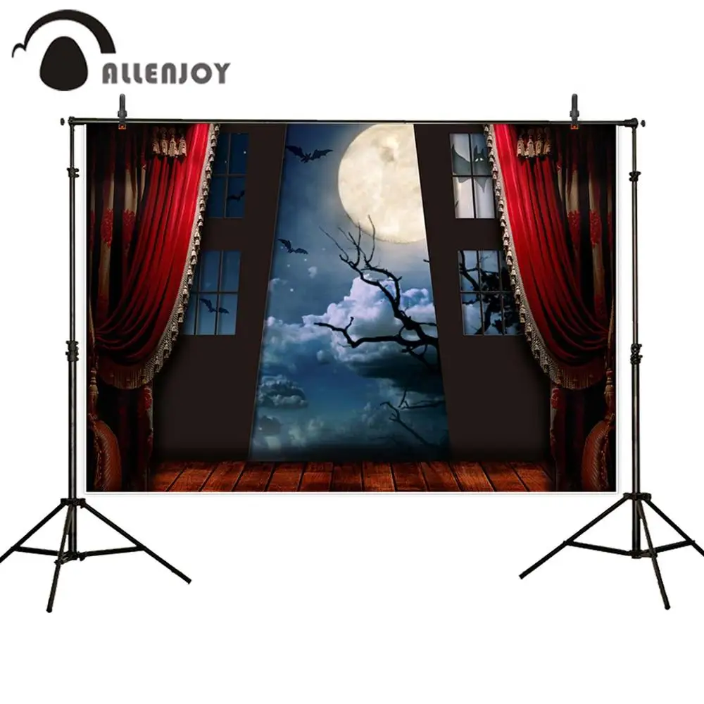 

Allenjoy Halloween photography backdrop red Curtain window moon bat night Party photo studio background photophone photobooth