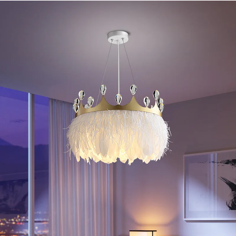 

Romantic Feather Pendant Lamp LED E27 Crystal Crown Living Room Bedroom Warm Hanging Light Fixtures Wire Adjustable E27