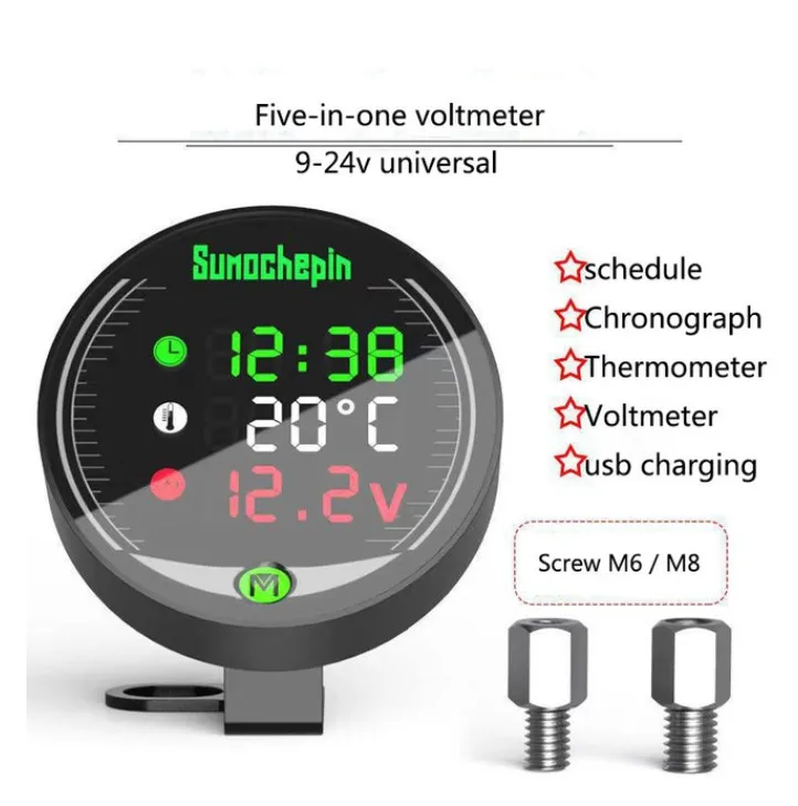 NEW 5-In-1 Motorcycle Modified Water Temperature Meter Time Voltmeter 12V Chronometer USB Mobile Phone Charging Waterproof