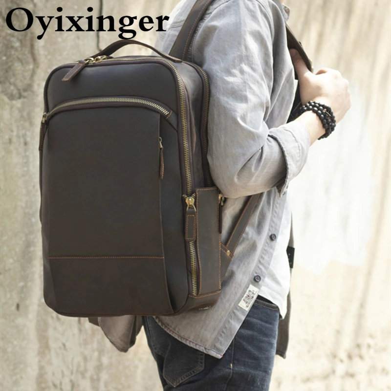 Large Capacity Vintage Men Laptop Backpacks For MacBook Air HP DELL Pro 16 Inch Genuine Leather Male Travel Computer Backpack