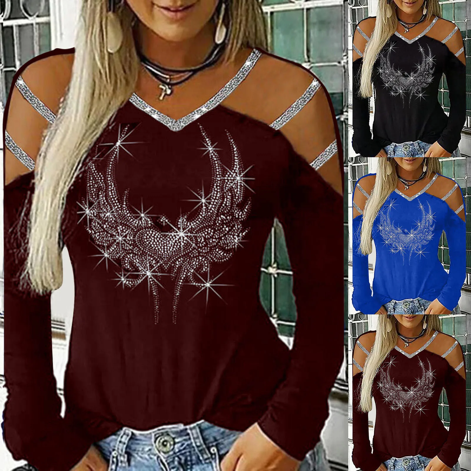 Blusa con diamantes de imitación ostentosos a la moda, camiseta con hombros descubiertos, camiseta informal de Otoño Invierno para mujer, Blusas de