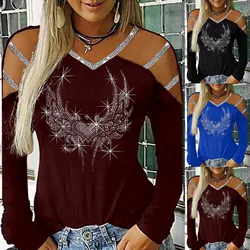 Blusa con diamantes de imitación ostentosos a la moda, camiseta con hombros descubiertos, camiseta informal de Otoño Invierno para mujer, Blusas de manga larga, jersey