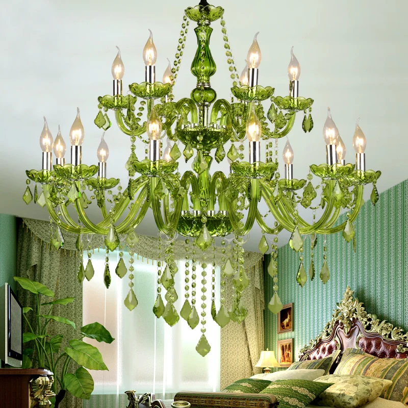 E14 Luxury Crystal Chandelier Green Wedding Parlor Bedroom Villa Suspension Light Hotel Restaurant Cafe Bar Candle Pendant Lamps