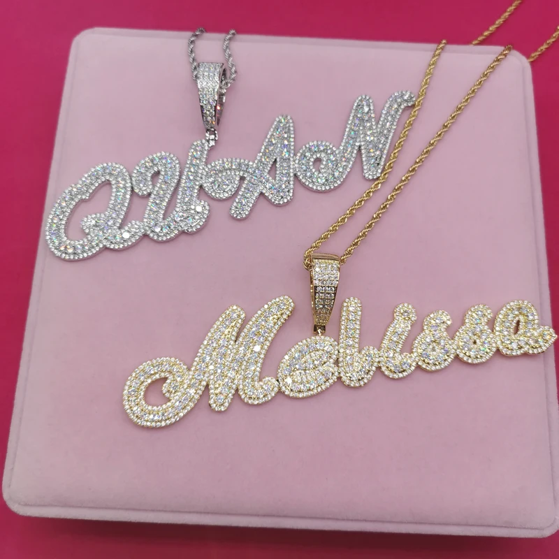 Grandbling Brush Cursive Letter Customized Name Necklace With Rope chain Chain With AAAA CZ Personalized Hip HOP Jewelry