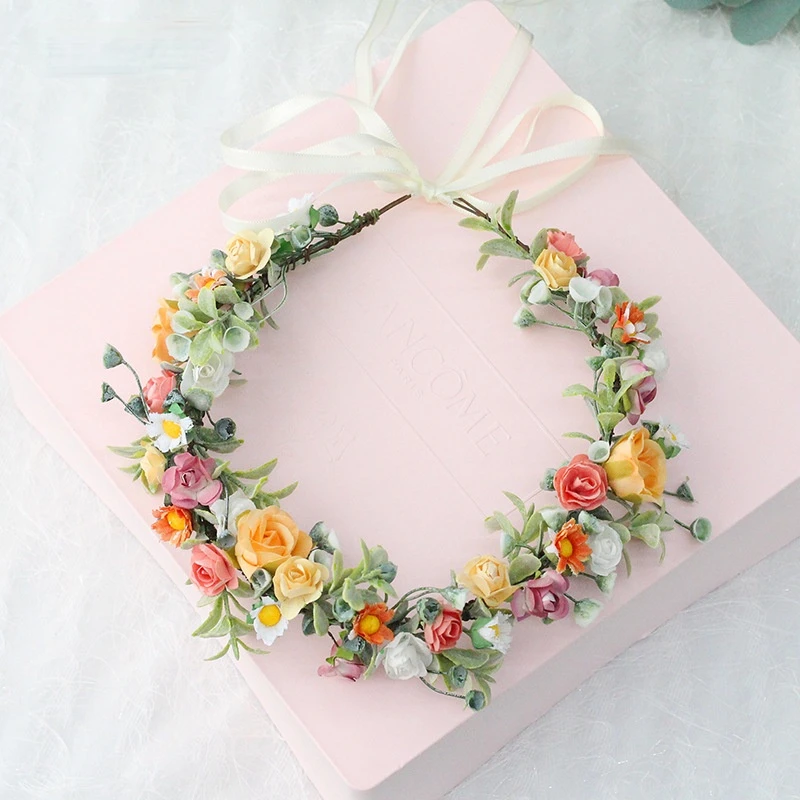 Colorful Rose Garland Headband Grass Headdress Party Gift Bridal Photo flower girl hair accessories wedding