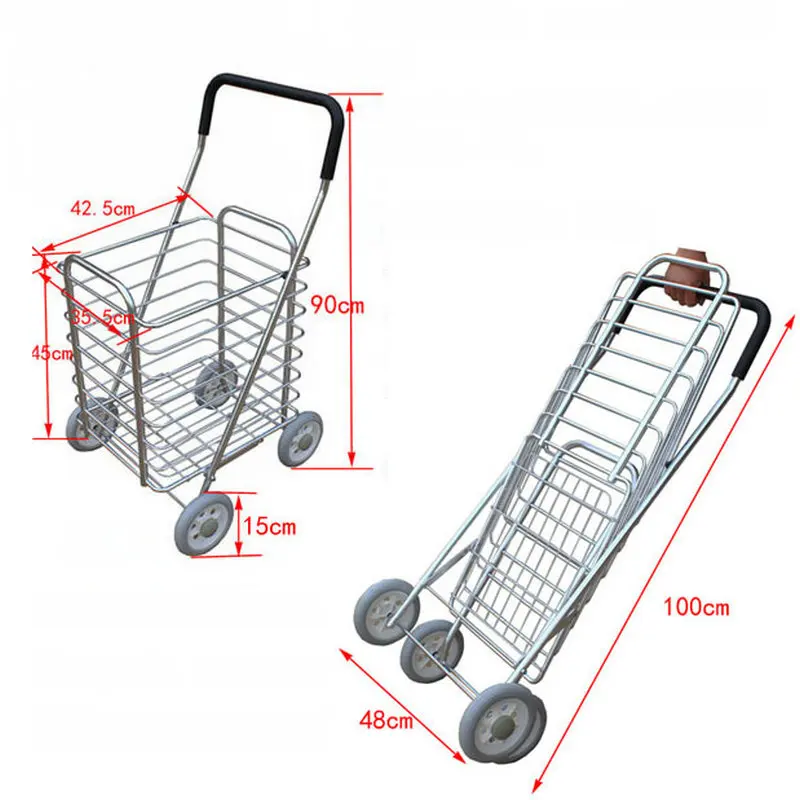 Aluminum Alloy Shopping Cart, Grocery Wagon, 15cm Big Wheel Folding Trolley, Small Trailer Food Basket