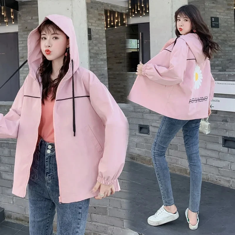 

New Women Short Jacket 2021 Spring Autumn Student Wild Casual Print Coat Loose Women Hooded Coats Tops With Lining Windbreakers